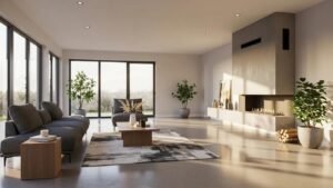 Polished concrete flooring in a modern living room with natural light and stylish decor